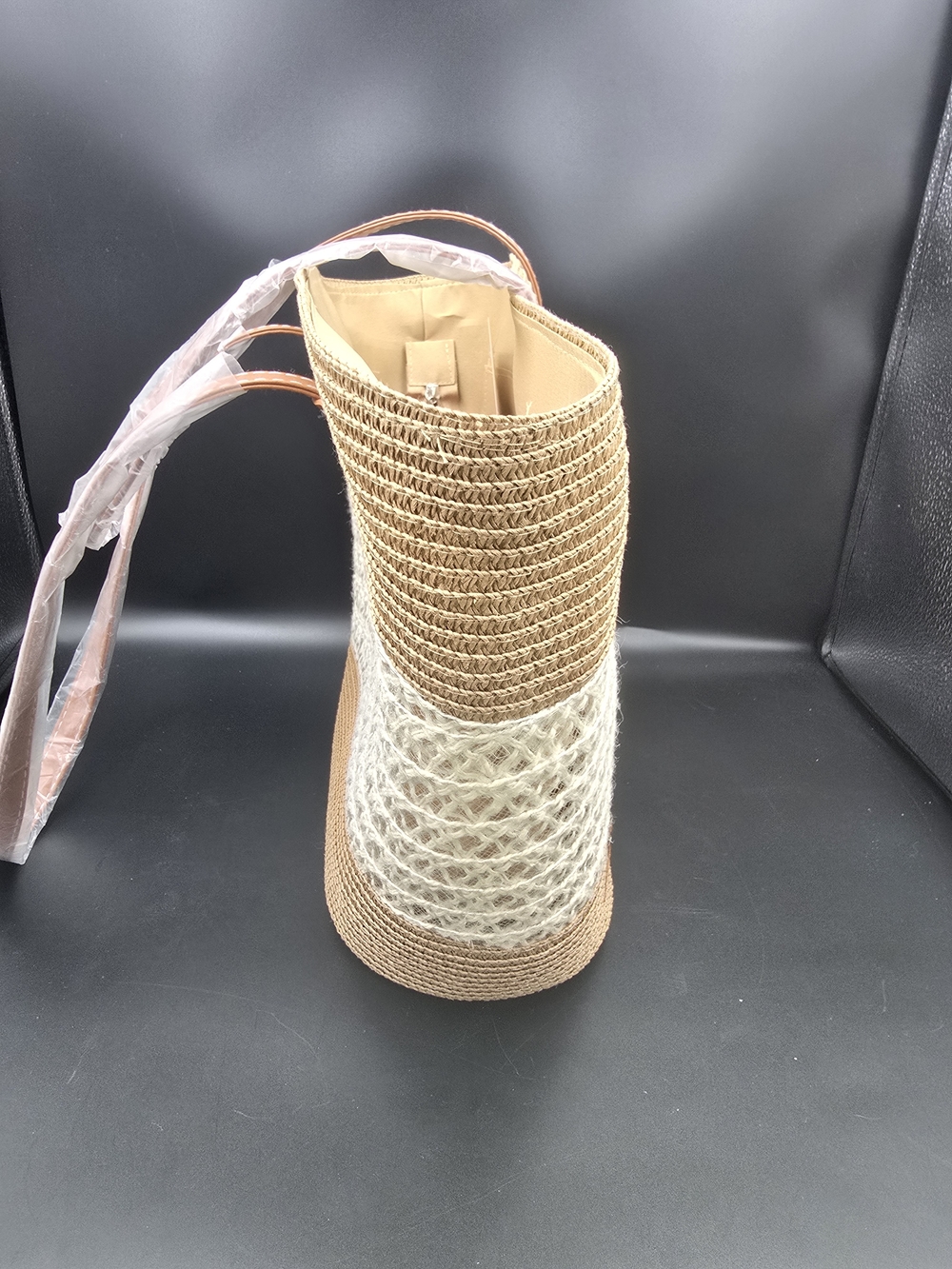 Braided Straw Shoulder Tote Bag in Tan and Cream - Picture 4 of 8